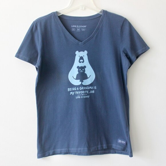 Life is Good Blue 100% Cotton Grandma Bear V-Neck Short-Sleeve T-Shirt Medium - Picture 1 of 5